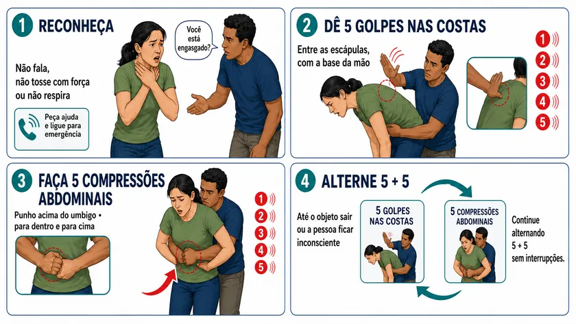 Quatro painéis. 1) Reconheça: a pessoa leva as mãos ao pescoço, não fala, não tosse com força e não respira; peça ajuda e ligue para a emergência. 2) Cinco golpes nas costas: o socorrista inclina o tronco dela para frente e bate entre as escápulas com a base da mão, cinco vezes. 3) Cinco compressões abdominais: por trás, punho acima do umbigo, coberto pela outra mão, empurrando para dentro e para cima, cinco vezes. 4) Alterne cinco e cinco até o objeto sair ou a pessoa ficar inconsciente.